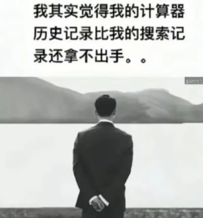 这是一张黑白风格的吐槽类网络梗图，图片下半部分是一名身穿西装的男性背对镜头，双手背在身后站在岸边眺望前方水域与远山，图片上半部分配有黑色文字文案：“我其实觉得我的计算器历史记录比我的搜索记录还拿不出手。。”，内容调侃了当代人个人隐私中，计算器里的计算记录往往比浏览器搜索记录更加私密、更不方便被他人看到，是网友玩的隐私玩梗。
