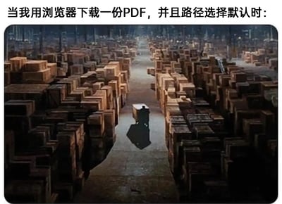 这是一张精准戳中日常上网痛点的网络梗图，顶部配有吐槽文案“当我用浏览器下载一份PDF，并且路径选择默认时：”，下方是改编自经典电影的仓库场景截图：画面呈现出一个空间巨大的仓库，通道两侧堆积着密密麻麻、高耸拥挤的大型木箱，在通道的尽头，只有一个体积小巧的箱子孤零零地放置在地面上，它的倒影清晰地映在潮湿的地面上。这张小箱子象征着用户刚刚下载好的PDF文件，周围的海量大箱子则代表着默认下载路径中堆积的无数其他下载文件，用夸张的视觉反差，生动地表现出用户想要在默认下载文件夹中找到目标PDF时，文件被海量同类文件淹没、难以寻觅的崩溃与无奈，引发广大网友的强烈共鸣。