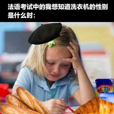 图片上方为黑色背景白色文字：“法语考试中的我想知道洗衣机的性别是什么时:”，下方是一张经过编辑的照片。照片中是一位金发女孩，穿着蓝色短袖衬衫，正单手扶额，表情困惑地低头写字。她的头上被P上了一顶黑色贝雷帽，前景添加了法棍面包和可颂，营造出法国元素。整体画面幽默地表现了法语学习者面对名词阴阳性（如“洗衣机”的性别）时的崩溃与困惑。
