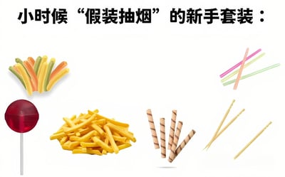 图片顶部有黑色文字“小时候‘假装抽烟’的新手套装：”，下方展示了六种常见零食，包括彩色管状零食（如吸管糖）、彩色细吸管、红色棒棒糖、黄色条状零食（如薯条状零食）、条纹卷状零食（如蛋卷）和黄色细长签状零食。这些零食因形状类似香烟，常被儿童用来模仿成年人抽烟的动作，充满怀旧童趣，勾起80后、90后对童年游戏的共同回忆。