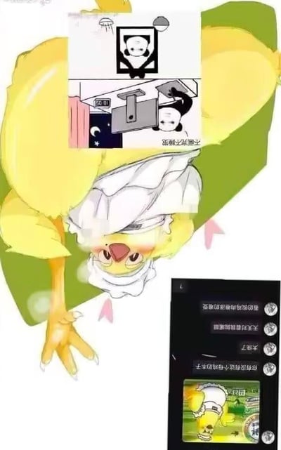 这是一张多图拼接的图文混排梗图，整体分为三个部分：上方是经典熊猫头梗图，配文“不画完不睡觉”，呈现创作者熬夜赶工的状态；中间是拟人化的围裙小鸡形象，画风偏向涩情的“烧（骚）”感，小鸡做出弯腰清洁的动作；下方是QQ聊天记录截图，网友发送小鸡的图吐槽“你有没有这个母鸡的本子”“太烧了”“天天对着我擦地擦眼”“看的我鸡肉卷涨的难受”，玩了“烧”和“骚”的谐音梗，同时结合小鸡的食品包装原型，用“鸡肉卷涨的难受”玩了关联食品的搞笑梗，整体用搞笑的方式吐槽这类拟人化创作带来的尴尬感，也侧面体现了创作者赶工的焦虑情绪。