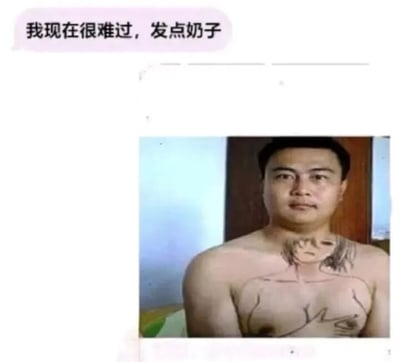 这是一张图文混排的搞笑梗图，上方是一段社交聊天记录截图，其中发送者表示自己很难过，向对方提出“发点奶子”的无厘头请求；下方是一张男性的上半身照片，该男性赤裸上身，在自己的胸口位置手绘了一个动漫风格的女性上半身形象，刚好和自身的胸部位置重合。这张图利用“奶子”的谐音和字面歧义，将请求里的“奶子”曲解成“画在胸部（奶）上的妹子”，以幽默搞笑的方式回应了无厘头的请求，属于典型的网友整活类谐音梗内容，通过反差感和趣味解读制造笑点。