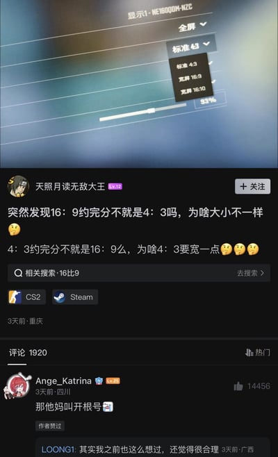 这是一张国内社交平台的评论区截图，上方是视频播放界面的画面比例选择栏，可选择标准4:3、宽屏16:9、宽屏16:10三种比例。下方是用户发布的提问，用户「天照月读无敌大王」混淆了比例的计算逻辑，误以为16:9约分后是4:3，二者的屏幕宽度应该一致，疑惑两者实际大小不同，内容关联CS2、Steam相关内容。高赞评论用户「Ange_Katrina」用吐槽的方式指出提问者的逻辑错误，戏称比例计算应该是开根号而不是约分，还有其他用户表示自己也曾有过同样的错误想法，整体内容诙谐好笑，属于常见的生活常识认知误区引发的搞笑梗。
