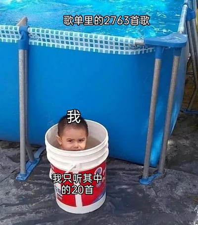 这是一张趣味梗图，用画面和文字结合的方式调侃音乐爱好者的常见行为：画面里的大型蓝色支架泳池被标注为“歌单里的2763首歌”，代表用户收藏了数量庞大的歌曲；而坐在小白色水桶里的小孩被标注为“我”，下方配文“我只听其中的20首”，精准还原了很多人虽然收藏了大量歌曲到歌单，但实际只会反复循环其中一小部分的真实日常，画面反差感强，非常贴合大众的生活体验，充满搞笑共鸣感。