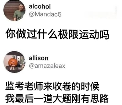 图片为社交媒体对话截图，上方用户alcohol (@Mandac5) 发出提问“你做过什么极限运动吗”，下方用户allison (@amazaleax) 以幽默方式回复“监考老师来收卷的时候 我最后一道大题刚有思路”。通过将考试最后时刻赶题的紧张场景比作“极限运动”，形成强烈的反差萌和共鸣感，精准戳中学生群体在考试中的常见经历，充满生活气息和幽默感。