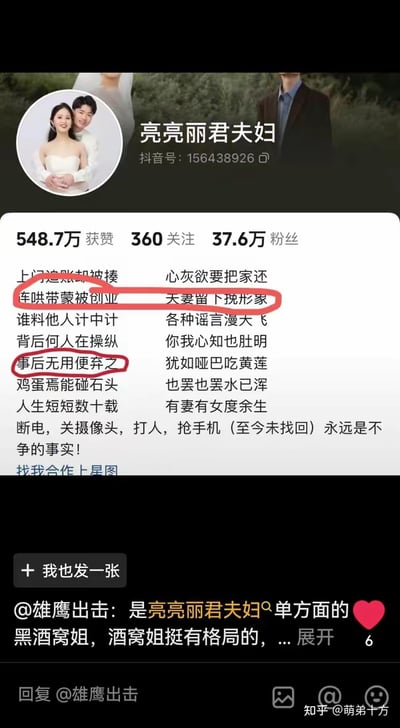 这是一张社交媒体截图，展示了用户名为"亮亮丽君夫妇"的抖音账号主页。截图上方显示了该夫妇的头像（穿着婚纱礼服的合影），账号名称，抖音号以及获赞数（548.7万）、关注数（360）和粉丝数（37.6万）等数据。中间部分是一段文字内容，以类似诗歌的形式描述了他们遭遇的困境，包括"上门追账却被揍"、"车哄带蒙被创业"、"断电，关摄像头，打人，抢手机（至今未找回）"等情况，其中部分文字被红色圆圈标记。截图底部显示了一条来自用户"雄鹰出击"的评论，提到"是亮亮丽君夫妇单方面的黑酒窝姐，酒窝姐挺有格局的..."。