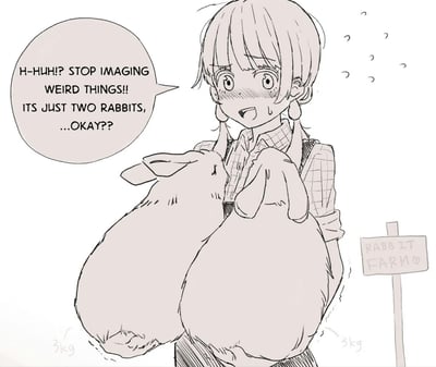 这是一张线稿风格的原创卡通梗图，画面里扎着双辫的女生满脸通红、眼神慌乱，双手抱着两只标注了3kg的大兔子，兔子的位置刚好在胸前，形成容易让人产生联想的视觉错位效果。女生的对白气泡里慌张地辩解，让对方停止脑补奇怪内容，强调只是两只兔子。右下角还有写着“RABBIT FARM♡”的标识，表明场景设定在兔子农场。
这张图利用视觉错位制造了擦边的搞笑梗，通过女生窘迫的反应放大了笑点，属于玩暧昧联想的趣味短漫。