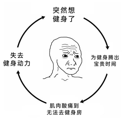 这是一张以经典网络表情包Wojak（疲惫脸）为中心的循环梗图，用环形箭头串联起四个阶段，精准描绘了很多人在健身路上陷入的无奈死循环：先是突然萌生健身的念头，随后为健身特意腾出时间，然而健身后肌肉酸痛到无法再去健身房，紧接着就彻底失去了健身动力，之后又会再次燃起健身想法，如此反复。图中Wojak眉头紧皱、一脸疲惫的神态，完美契合了这种想坚持却又半途而废的无力感，用幽默的方式引发了众多健身爱好者或想健身人群的强烈共鸣。