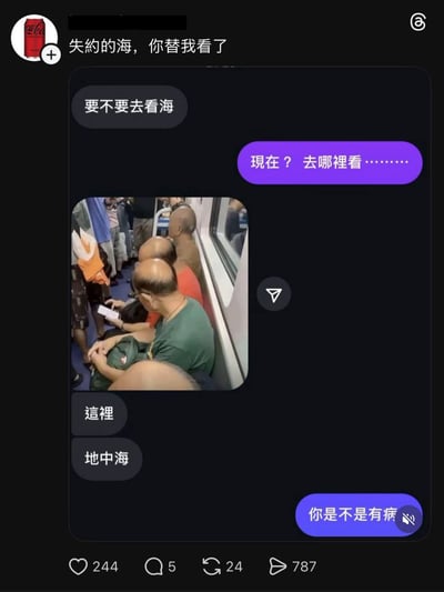 这是一张社交媒体聊天截图，上方显示“失约的海，你替我看了”。聊天中一方提议“要不要去看海”，另一方反问“现在？去哪里看………”，随后发送一张地铁内多位光头男性的照片，回复“這裡”和“地中海”，最后对方无奈回应“你是不是有病”。图片通过“地中海”的双关语制造笑点——既指地理上的地中海，又调侃男性秃顶的“地中海发型”。