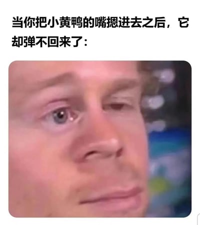 这是一张幽默梗图，上方文字描述了一个常见的玩具问题：'当你把小黄鸭的嘴摁进去之后，它却弹不回来了'，下方配有一张真人特写表情图，人物眼神中带着一丝困惑和无奈，完美表达了遇到这种小挫折时的微妙情绪。