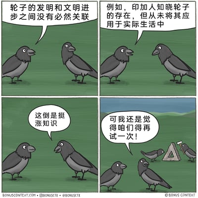这是一幅四格连环拟人漫画，以乌鸦为角色展开故事。第一格中，一只乌鸦向同伴科普冷知识，提出“轮子的发明和文明进步之间没有必然关联”；第二格它进一步举例，说明印加人虽然知晓轮子的存在，却从未将其应用在实际生活里；第三格，听科普的乌鸦表示学到了新知识；第四格出现反转，这只乌鸦话锋一转，表示还是要再尝试制作轮子，画面背景里另外两只乌鸦正忙着制作一个三角形状的石轮，一只扶着石轮，一只手持工具准备加工，充满干劲。漫画通过冷知识科普和乌鸦执着尝试轮子的反差行为，制造出幽默的效果，展现了动物拟人化后的有趣逻辑。