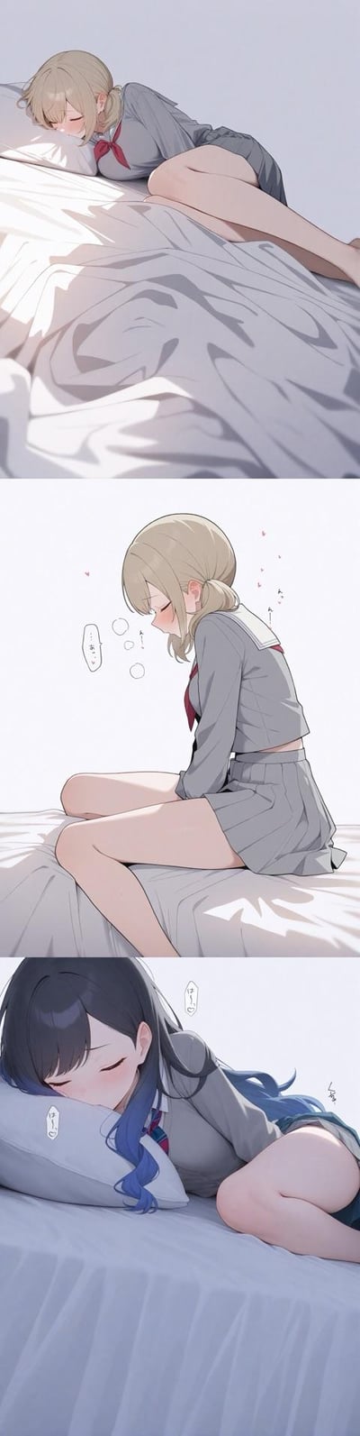 三张竖版拼接的日系插画，展现了校服少女的慵懒日常。第一张图中，金发少女身着灰色校服配红色领带，侧躺于铺着浅色床单的床上，阳光洒在被单上，尽显睡意；第二张图中，同一位金发少女坐起身，双眼微闭，头侧低垂，周围有代表困倦的气泡，姿态慵懒；第三张图则是黑发带蓝色挑染的少女，同样穿着灰色校服，趴卧在枕头上，双眼紧闭，神情放松。整体画面色调柔和，构图清晰，充满治愈感。