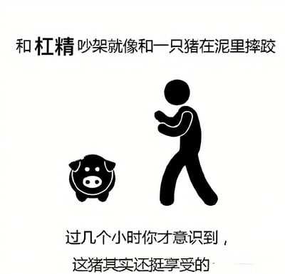 这是一张黑白风格的讽刺类梗图，上方文字为'和杠精吵架就像和一只猪在泥里摔跤'，中间是一个简笔画风格的人物和猪的形象，下方文字为'过几个小时你才意识到，这猪其实还挺享受的'。图片通过生动的比喻，幽默地表达了与网络上喜欢抬杠的人争论时的无奈感受，暗示杠精反而享受这种争论过程。