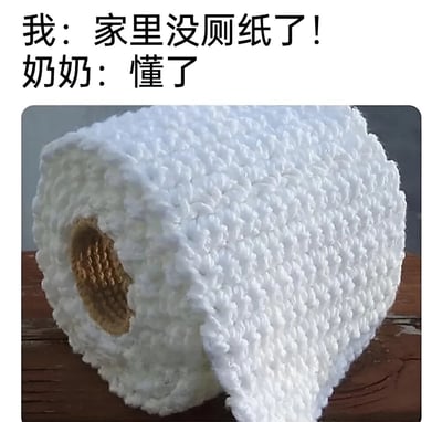 图片上方是两行对话文本：“我：家里没厕纸了！”和“奶奶：懂了”，下方是一张特写照片，展示了一卷由白色毛线手工钩织而成的“厕纸”，外形模仿真实厕纸卷，但材质明显是粗糙的编织物。整体通过奶奶对“没厕纸”的幽默误解，呈现出家庭中隔代沟通的趣味场景，让人会心一笑。