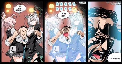 三格动漫风格漫画，展现离别场景。第一格中粉发少女兴奋地抓住小男孩肩膀说“对没错就是这个!”，白发猫耳少女在旁微笑；第二格中猫耳少女突然惊慌大喊“不,不!等等!”，背景出现多张蓝色票券和一张黄色票券；第三格特写男性角色痛苦表情，哭喊“不要离开我!”。画面通过表情变化和对话展现从确认到阻止再到绝望的情感转折。