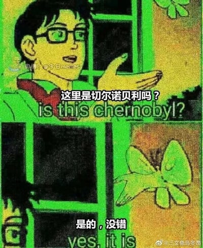 这是一张上下分栏的连环卡通梗图，整体采用荧光绿滤镜渲染，模仿核辐射污染后的诡异视觉氛围。上半部分是一位戴眼镜的卡通男性，伸出手掌，面露疑惑地询问“这里是切尔诺贝利吗？”，同时配有英文“is this chernobyl?”；下半部分是一只形态明显变异的蝴蝶，配文回应“是的，没错”，同时配有英文“yes, it is”。该梗图利用切尔诺贝利核事故会导致生物变异的常识，通过夸张的变异蝴蝶形象，幽默地暗示此处就是核污染后的切尔诺贝利，用荒诞的生物变异来表现核辐射的严重影响，属于玩核灾难相关的网络趣味梗。