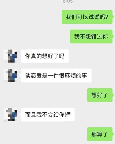一张聊天对话截图，展示了两个人关于是否开始恋爱关系的讨论。绿色气泡方表达想尝试和不想错过对方的意愿，白色气泡方则质疑是否真的想清楚，并表示恋爱很麻烦且不会付出。最后绿色气泡方在对方表示不会付出后回应"那算了"，结束了对话。
