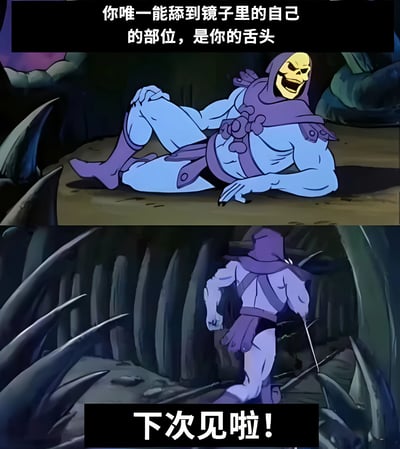 图片为上下两格连环图，上方格子中，骷髅王（蓝色皮肤、紫色盔甲、骷髅头）躺卧在洞穴地面上，咧嘴大笑，上方配有文字“你唯一能舔到镜子里的自己的部位，是你的舌头”；下方格子中，骷髅王起身准备离开，背景为洞穴岩壁，底部配有文字“下次见啦!”。整体通过动画角色搭配幽默文字，营造出戏谑的搞笑效果。