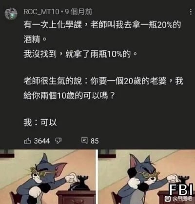 这是一张由社交媒体段子截图和经典动画截图拼接而成的图文混排梗图。上半部分是用户ROC_MT10发布的帖子，内容为一段化学课上的搞笑对话：老师要求“我”取一瓶20%浓度的酒精，“我”因找不到便取来两瓶10%的酒精，老师用“想要一个20岁的老婆，换成两个10岁的是否可行”的类比，试图纠正“我”在溶液浓度逻辑上的错误，然而“我”却回答“可以”，这个脱离常规逻辑的回答制造出荒诞的笑点；下半部分是经典动画《猫和老鼠》中汤姆猫的截图，汤姆戴着眼镜，正打电话报警，右下角标注“FBI”字样，用这个画面调侃“我”的回答离谱到需要报警的程度，将段子的搞笑效果进一步放大。