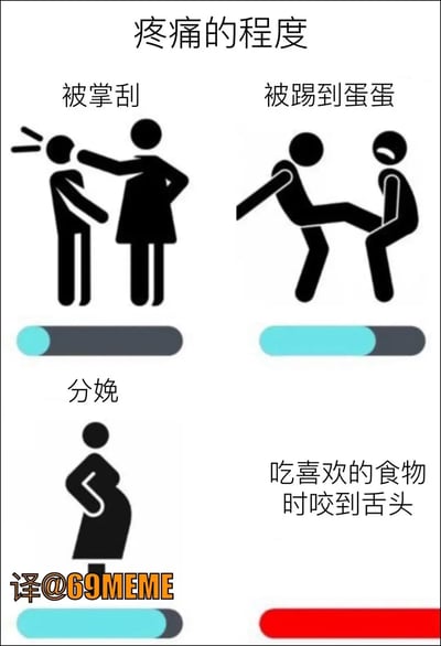 这张梗图用极简的人物图标和进度条，幽默地将被掌掴、被踢到蛋蛋、分娩的疼痛，与吃喜欢的食物时不小心咬到舌头的疼痛进行对比。前三者是常见且较为严重的痛觉体验，但最后一项‘咬到舌头’的进度条却拉满，以反差搞笑的形式，表达咬到舌头其实比这些场景还夸张的“疼痛感”，属于夸张化的幽默表达。

梗图的趣味点在于反转，暗示其实生活中一些小事（比如咬到舌头）反而让人印象深刻、疼痛异常。并且采用了网络流行的‘疼痛等级’梗形式。

*暗示*: 最后一项有夸张反转效果，有网络流行语‘逆天’的幽默潜台词。