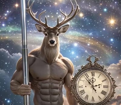 画面中央是一个鹿首人身的神秘生物，它有着雄鹿的头部和巨大的鹿角，却拥有人类健硕的肌肉身躯。生物左手握着一根细长的金属法杖，右手托举着一个带有复杂花纹边框的古董时钟，时钟上显示罗马数字。背景是深邃绚烂的星空，点缀着明亮的星星和星云，下方有少量云彩，整体营造出神秘而庄严的氛围。