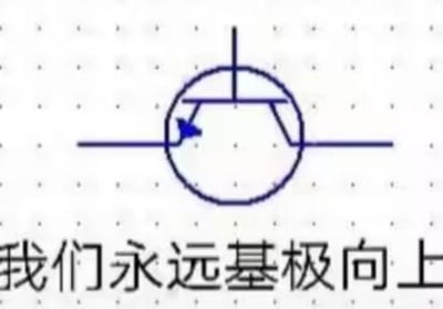 这是一张简单的技术示意图，背景为带有点阵的白色画布。图中包含一个蓝色圆形，圆形中心有一条水平直线穿过，顶部有一条垂直直线延伸而出。圆形内部左侧有一个蓝色箭头指向左方。图像底部有一行黑色中文文字："我们永远基极向上"。
