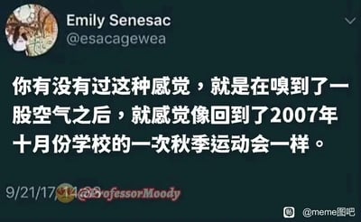 这是一张来自推特（现X平台）的社交媒体截图，原发布者为用户Emily Senesac（账号@esacagewea），发布于2017年9月21日。截图中的核心内容是一段引发共鸣的文字：“你有没有过这种感觉，就是在嗅到了一股空气之后，就感觉像回到了2007年十月份学校的一次秋季运动会一样。” 这段文字描述了嗅觉触发特定年代校园场景回忆的体验，能够让有相似校园经历的网友产生共情，回忆起学生时代的秋季运动会场景。截图左下角标注了发布日期与@ProfessorMoody的标识，右下角带有百度贴吧“@meme图吧”的搬运水印，整体呈现出网络上传播的生活感meme内容，聚焦于嗅觉和记忆的关联，唤起大众对校园时光的怀念。
