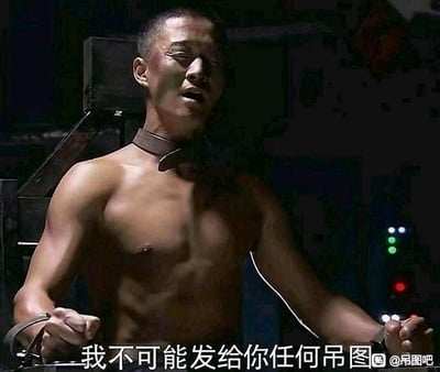 图中是一位赤裸上身、颈部戴着项圈的男性，表情痛苦，眉头紧锁，嘴巴微张，背景昏暗。图片底部配有文字“我不可能发给你任何吊图”，通过人物痛苦的表情与拒绝发送搞笑图片的文字形成反差幽默，常用于在聊天中拒绝他人索要搞笑图片的场景。