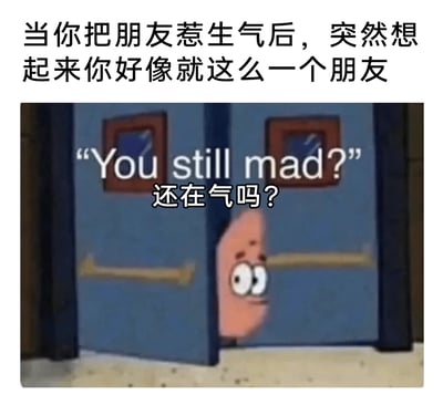 这是一张结合动画截图与文字的搞笑表情包，顶部配文“当你把朋友惹生气后，突然想起来你好像就这么一个朋友”点明情景，图中是动画《海绵宝宝》里的角色派大星，他从门后探出头，眉头微蹙、眼睛睁大，带着愧疚又小心翼翼的表情，配文“还在气吗？（You still mad?）”，生动地表现出在惹自己仅有的朋友生气后，内心慌张、卑微求和的窘迫又好笑的状态，精准戳中了不少人朋友不多、格外珍惜友情的心理，很容易引发共鸣。