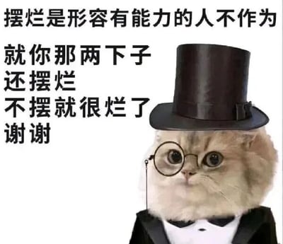 图片左侧为竖排文字：'摆烂是形容有能力的人不作为 就你那两下子 还摆烂 不摆就很烂了 谢谢'。右侧是一只戴着黑色礼帽、圆形眼镜和黑色西装的猫，表情严肃地注视前方。通过将严肃的绅士猫形象与讽刺性文字结合，幽默吐槽那些自称'摆烂'却实际能力不足的人，形成反差笑点。