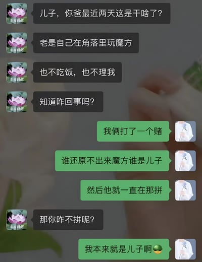 这是一张聊天记录截图，展示了母亲与儿子的对话。母亲询问儿子为何父亲最近两天总在角落里玩魔方，不吃饭也不理人。儿子解释说两人打了个赌：谁还原不出魔方谁就是儿子。父亲因此一直在努力拼魔方，而儿子则淡定表示“我本来就是儿子啊”，形成了幽默的反差效果。对话中母亲的头像为粉色莲花，下方标注“幸福时光”，儿子的头像为手持花朵的人物形象。