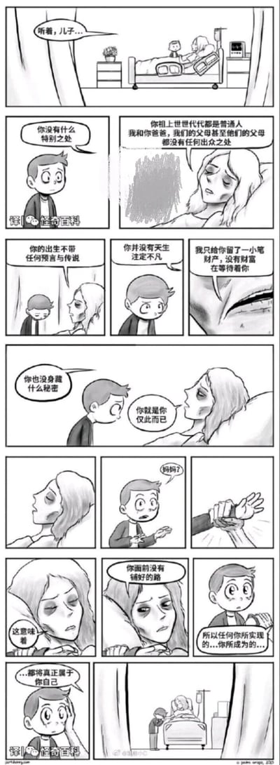 这是一组黑白连环漫画，场景设定在医院病房内，病重的母亲躺在病床上叫住儿子，开始了一段掏心窝的对话：她告诉儿子，家里没有显赫的家世，祖上都是普通人，他没有天生的不凡，出生时没有预言加持，也没有巨额遗产等待着他，更没有隐藏的秘密，他只是一个平凡的自己。就在儿子担忧母亲状况轻声呼唤时，母亲握住他的手，话锋一转，告诉儿子正因为没有预先铺好的路，他未来所实现的一切、所成为的样子，都将真正属于他自己。整个故事从看似消极的铺垫，转向充满力量的励志寄语，传递出平凡人生也能靠自己创造独特价值的温暖内核，戳中了很多普通人的内心。