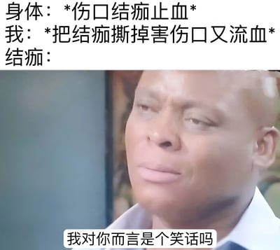 这是一张幽默自嘲类梗图，上方文字分三部分：“身体：*伤口结痂止血*”描述身体的自我修复过程，“我：*把结痂撕掉害伤口又流血*”展现人们常见的忍不住撕结痂的行为，“结痂：”引出下方截图内容。图片下半部分是一位真人的面部特写，配文“我对你而言是个笑话吗”，将结痂拟人化，以无奈又略带委屈的表情调侃人们明知会导致伤口再次流血却依然忍不住撕结痂的矛盾行为，画面生动有趣，引发共鸣。