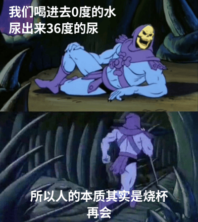 这是一张上下两格的动画截图梗图，使用了《宇宙的巨人希曼》中的反派角色骷髅王（Skeletor）的画面。上格中，骷髅王穿着标志性的紫色斗篷和蓝色紧身衣，躺在地上狂笑，配文“我们喝进去0度的水 尿出来36度的尿”；下格中，骷髅王起身准备离开，配文“所以人的本质其实是烧杯 再会”。图片通过简单的生理现象推导出荒诞的结论，形成幽默效果。