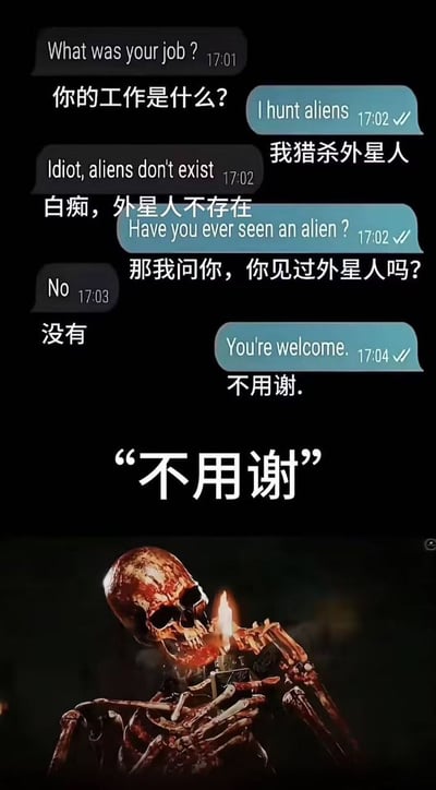 这张图为上下结构的图文混排梗图，上半部分呈现了一段中英双语对照的模拟聊天记录：一方询问对方的工作是什么，对方回答自己的工作是猎杀外星人，询问方嘲讽对方称外星人根本不存在，回答方随即反问对方是否见过外星人，在得到询问方“没有”的答复后，回答方给出“不用谢”的回应。图的下半部分是一句放大的“不用谢”文字，下方搭配了一具沾有血迹的骷髅正拿着打火机点火的画面，笑点在于回答者的逻辑陷阱：对方没见过外星人，正是因为自己已经把外星人都猎杀完毕，骷髅的配图进一步放大了这份冷笑话的荒诞戏谑感。