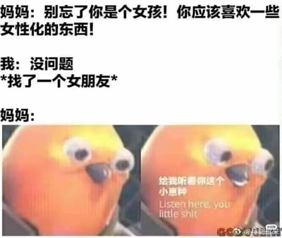 这是一张反套路的搞笑梗图，通过三段式对话制造笑点：妈妈以性别刻板印象要求身为女孩的“我”去喜欢女性化的事物，“我”却字面理解要求，选择找一个女朋友来回应，最后用国外经典的愤怒卡通鱼表情包来呈现妈妈暴怒的反应，表情包上还配有中英文结合的怒骂文字，强化了情绪反差。整张图用诙谐的方式调侃了性别刻板印象，风格轻松搞笑，适合在社交平台传播。