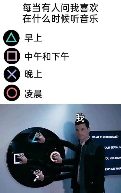这是一张结合热门影视元素的搞笑二次创作梗图。图片上半部分以文字提出问题“每当有人问我喜欢在什么时候听音乐”，并搭配《鱿鱼游戏》中的经典三角、方块、叉号、圆圈符号，对应列出“早上”“中午和下午”“晚上”“凌晨”四个时段选项。图片下半部分是截取自动漫改编影视《底特律：变人》的仿生人测试场景剧照，通过P图给人物添加了四只手，分别按住四个时段对应的符号，人物上方标注“我”，以此夸张地表达自己不管是一天中的任何时段，都热爱听音乐，用视觉化的方式放大了自己对音乐的喜爱不受时间限制的状态，充满趣味性。
