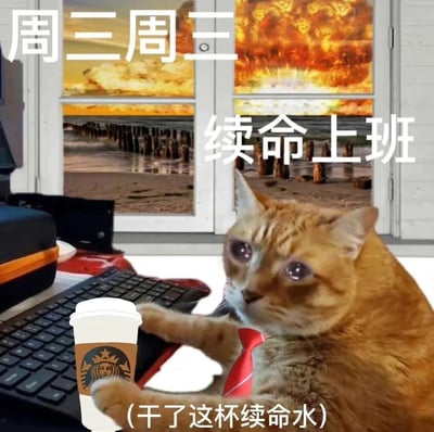 这是一张经过P图改编的职场趣味梗图，画面主体是一只被拟人化的橘猫，它戴着红色领带，双眼含泪、眼神疲惫委屈地趴在键盘前，爪子搭在一杯星巴克咖啡杯上，仿佛正靠咖啡“续命”。背景是拼接的窗外场景，一半是平静的海滩，一半是爆炸的火海，搭配文字“周三周三 续命上班”“（干了这杯续命水）”，用夸张的视觉和文字，精准共情了周三职场人疲惫不堪、靠咖啡支撑完成工作的倦怠状态，将打工人的职场情绪通过拟人化的猫咪形象生动展现出来。