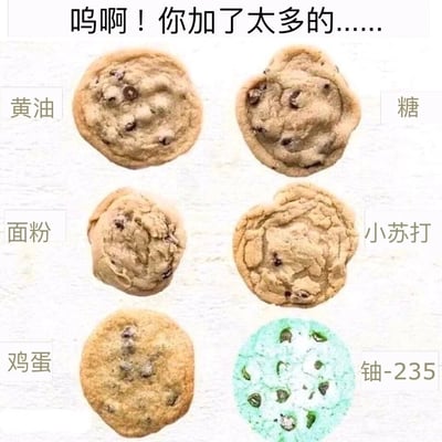 这是一张荒诞搞笑的烘焙配料对比梗图，图中展示了使用黄油、糖、面粉、小苏打、鸡蛋这五种常规曲奇配料，以及完全不符合烘焙逻辑的铀-235作为配料时，烤出的巧克力曲奇形态。前五种配料的曲奇都是正常的浅棕色巧克力曲奇，形态因配料特性略有差异；而加入铀-235的曲奇呈现出怪异的淡绿色，表面纹理和颜色都与正常曲奇截然不同。图片顶部配文“呜啊！你加了太多的……”，用夸张的方式吐槽加入离谱配料的错误操作，通过将核原料与日常烘焙配料结合，制造出强烈的违和反差感，以此达到无厘头搞笑的效果，调侃了烘焙时加错配料的极端离谱情况。