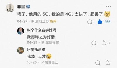 这是一张社交媒体评论区截图，展示了三条网友互动内容。首条评论来自用户“非墨”（IP属地江苏），内容为“糟了，他用的5G，我的是4G，太快了，跟丢了🐱”，发布于04-27并被标记为热评，获255点赞；第二条“叫个什么名字好呢”（福建IP）评论“我愿称之为好活”，04-29发布获7赞；第三条“阿尔托莉雅”（浙江IP）留言“我焯，天才😂”，10-26发布。整体呈现网友对5G网速的幽默调侃，语言风格接地气，充满网络趣味。
