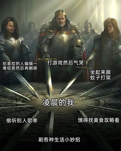 这是一张幽默梗图，采用了亚瑟王与圆桌骑士将剑指向圆桌中心的严肃奇幻插画作为底图，圆桌中心标注文字“凌晨的我”，周围的长剑分别对应标注了当代年轻人在凌晨时分常见的无厘头行为：“给喜欢的人编辑一堆信息然后再删除”“打游戏然后气哭”“坐起来跟蚊子打架”“偷听别人歌单”“饿得找美食攻略看”“刷各种生活小妙招”。用庄重的骑士围聚画面反差感地表现出很多人在凌晨本该入睡时，却被这些细碎、真实又好笑的小行为占据时间的状态，精准戳中当代年轻人的深夜精神状态，引发共鸣。