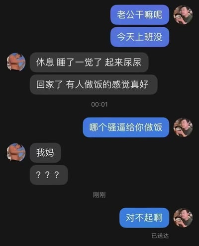 这是一张聊天记录截图，展示了一段因误会引发的搞笑对话。女方询问男方谁在做饭，误用了不恰当的词汇，当得知是男方妈妈做饭后感到非常尴尬并道歉。整个对话充满生活气息，展现了情侣间轻松幽默的互动方式。