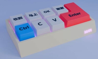 这是一张3D渲染的迷你键盘图，键盘按键结合了电脑操作快捷键与职场高频回复语：蓝色的Ctrl键搭配C、V键，对应日常工作中频繁使用的复制粘贴快捷操作；同时设置了“收到”“马上”“OK”“谢谢”这些职场沟通里的常用回复内容，最后以醒目的红色Enter键收尾。这张图用巧妙的结合，精准调侃了打工人日常既要处理大量需复制粘贴的工作内容，又要快速回复工作消息的忙碌状态，极易引发职场群体的共鸣。