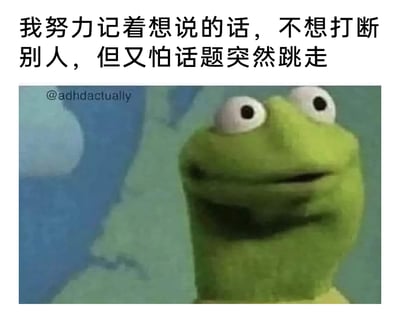 这是一张以经典卡通形象科米蛙为素材制作的情绪共鸣类梗图，图片上方配有中文文字“我努力记着想说的话，不想打断别人，但又怕话题突然跳走”。科米蛙瞪大双眼、面部肌肉紧绷的纠结神态，精准地还原了人们在日常社交场景中，出于社交礼仪不愿打断他人发言，却又时刻焦虑自己准备好的发言内容会随着话题转移而失去表达机会的复杂心理，能够引发有类似社交经历人群的强烈共鸣。