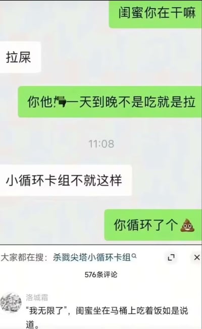 这是一张社交媒体传播的聊天记录截图，整体分为上下两部分：上半部分是两名好友的即时通讯对话，绿色气泡的发言者首先询问闺蜜正在做什么，对方直白回复在拉屎，发言者吐槽闺蜜一天到晚不是吃就是拉，闺蜜则借用卡牌游戏《杀戮尖塔》的术语玩梗回应“小循环卡组不就这样”，发言者随即调侃“你循环了个💩”并搭配便便表情，对话中间显示时间为11:08；下半部分是该内容的评论区，顶部显示“大家都在搜：杀戮尖塔小循环卡组”的关联搜索提示，显示共有576条评论，首条评论来自用户“洛城霜”，继续玩《杀戮尖塔》的无限流梗评论相关内容，整体将游戏术语和人体日常生理循环结合，笑点十足。