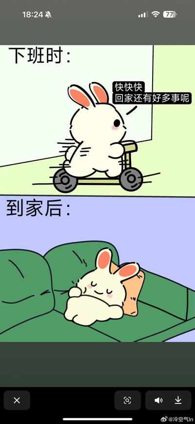这张梗图用两格漫画形式展现了一只小白兔下班时非常积极地想着要做很多事情，结果到家后却直接躺在沙发上耍废休息。画风可爱，情景非常贴合现代打工人的心理和实际状态，幽默展示了“动力”与“行动”之间的巨大反差。没有明显的谐音或双关梗，但蕴含了躺平文化和‘下班就瘫’的现实暗示。