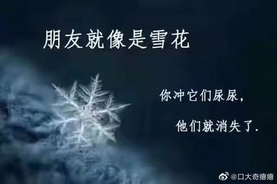 整张图以深蓝色为背景，左侧展示了一枚结构清晰的白色雪花特写，上方配有文艺感的文字“朋友就像是雪花”，右侧下半部分转折性配文“你冲它们尿尿，他们就消失了”，用低俗无厘头的反差打破常规比喻的预期，制造出搞笑效果，右下角带有原作者的微博账号水印。