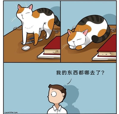 这是一幅三格连环卡通漫画，第一格中，一只三色猫咪惬意地站在棕色桌面上，桌面上摆放着鼠标、键盘、笔以及一叠书本；第二格中，猫咪趴在了桌面上，原本的鼠标、键盘、笔等小物件都消失不见；第三格中，一位男性主人露出疑惑的表情，配文“我的东西都哪去了？”，实际上是猫咪趴在桌上时将这些小物件压在了自己身下，生动还原了养猫人常遇到的猫咪霸占桌面、“藏起”主人物品的有趣日常，充满了生活趣味，容易引发养猫用户的共鸣。