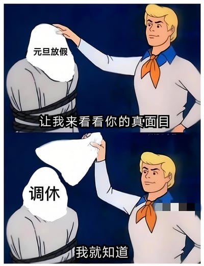 这是一张上下两格的对比梗图，上方格子中一名金发男子正伸手揭下一个被绑住人物头上写着“元旦放假”的白布，配文“让我来看看你的真面目”；下方格子中男子已经揭下白布，露出人物头上写着“调休”的字样，配文“我就知道”。图片通过幽默的方式表达了人们对节假日调休制度的无奈和调侃，揭示了所谓的“放假”往往伴随着调休补班的现实。