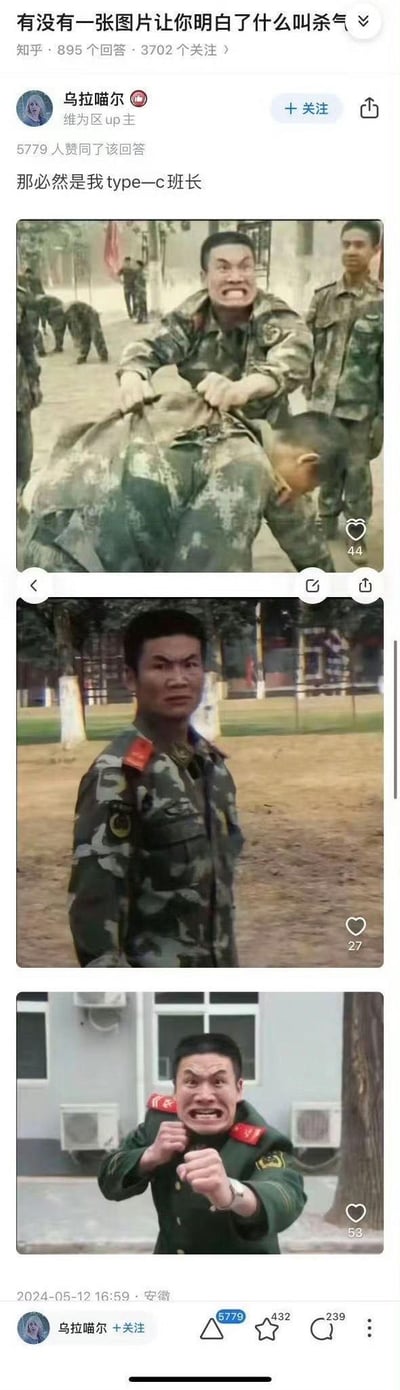 这是知乎问题「有没有一张图片让你明白了什么叫杀气」下的回答内容，答主分享了三张军人训练的实拍截图，图中的班长表情极度凶悍：第一张里他揪着另一名士兵的后背，面部狰狞扭曲；第二张是他怒视前方的特写，眼神充满威慑；第三张是他摆出格斗预备姿势，表情凶狠到夸张。网友戏称他为「type-c班长」，用这组图来调侃那种气场极强、充满压迫感的人，夸张的表情让严肃的训练场景充满搞笑反差感。